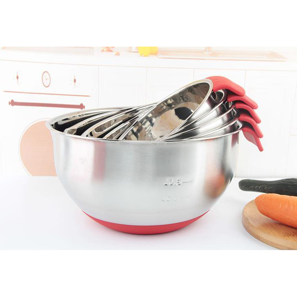 Thicken Silicone Bottom Stainless Steel Bowl woth Handle for Egg Beater Salad Knead Dough (No Cover) 18cm_Red handle basin (without cover)