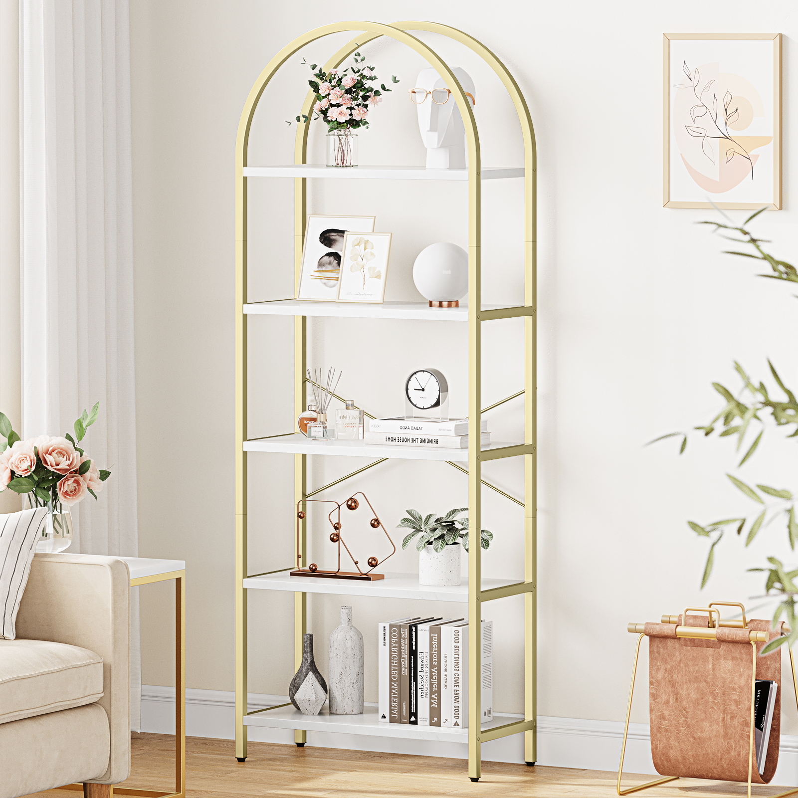 US GARVEE Arched Bookshelf 5-Tier Open Shelves MDF & Metal Frame Curved Top Adjustable Feet Home Office Display Rack