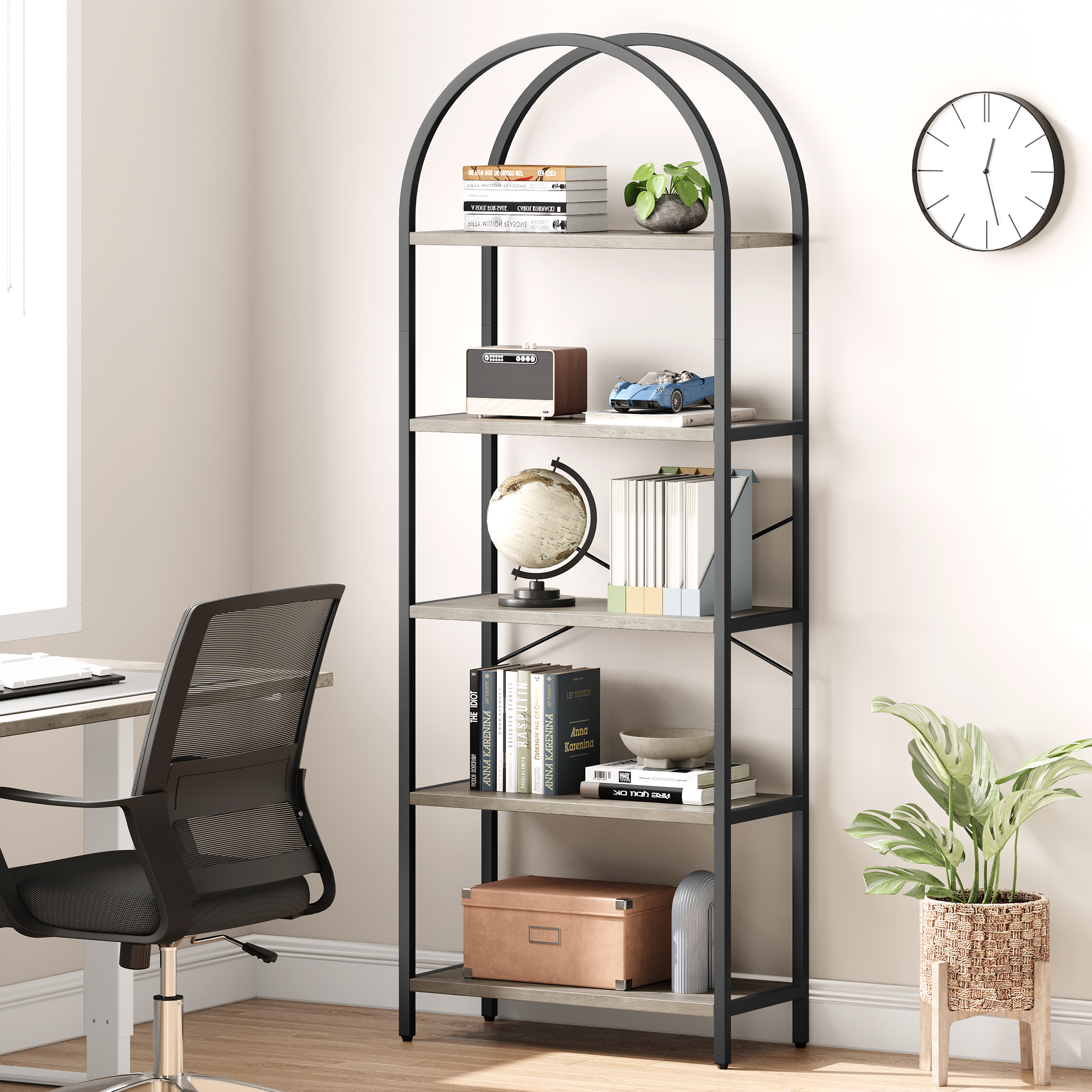 US GARVEE Bookshelf Arched Bookcase 5 Tier Display Racks Tall Standing Bookshelves Modern Storage Rack Shelf Wood Book Shelf for Bedroom, Living Room, Home Office