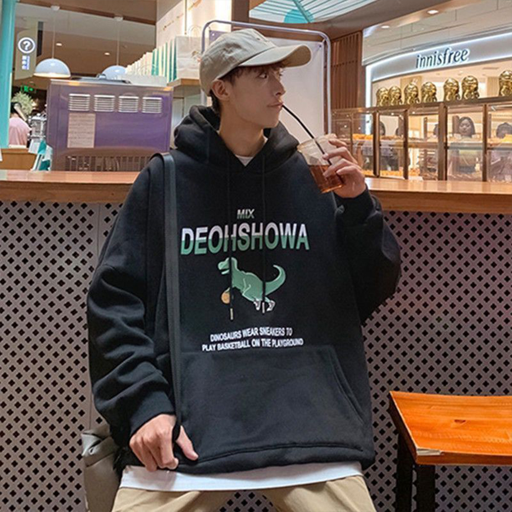 Men Women Hoodie Sweatshirt Thicken Velvet Dinosaur Loose Autumn Winter Pullover Tops Black_M
