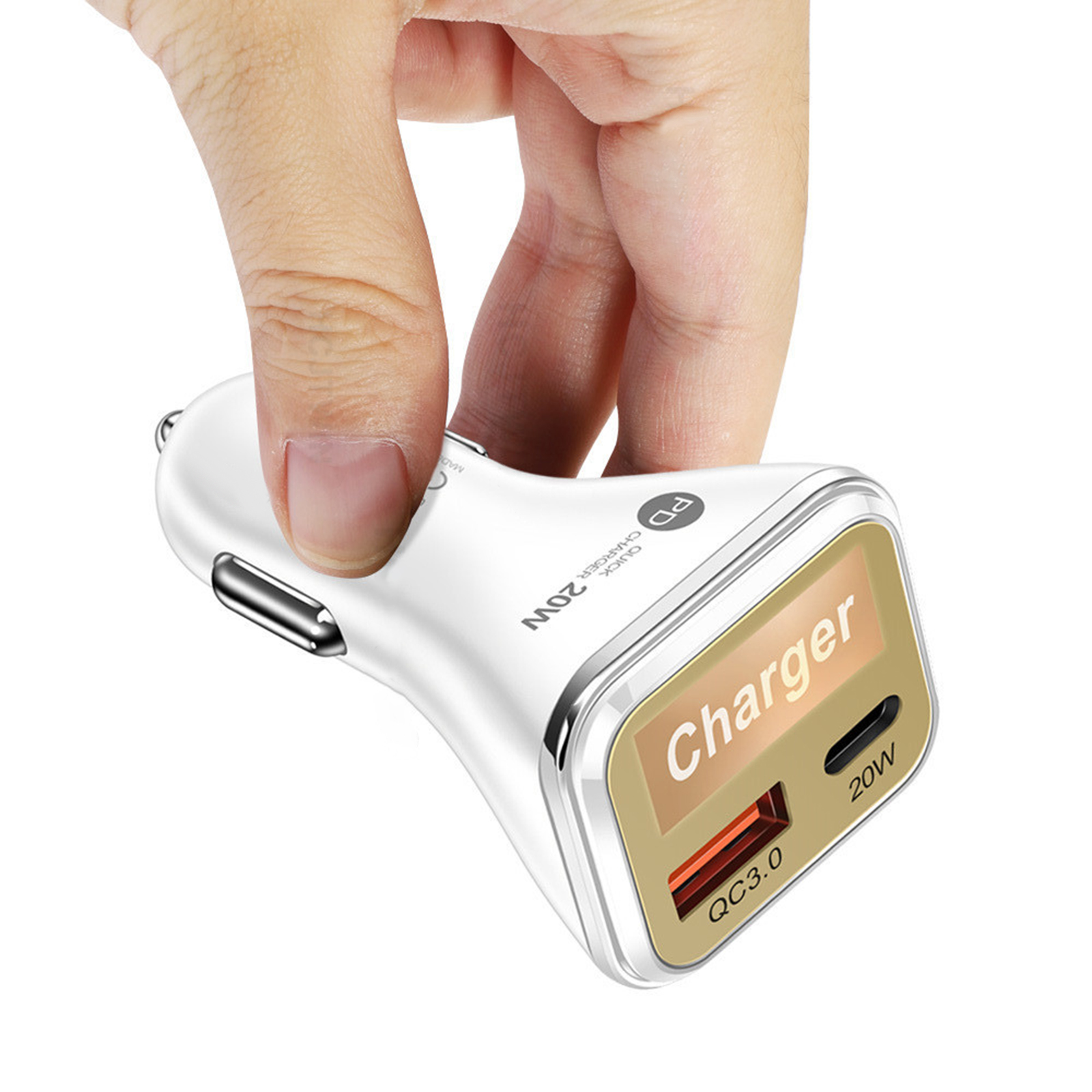 USB C Car Charger Adapter Dual Port QC3.0+PD20W Fast Charging Adapter Circuit Protection Compact Charger 12V/24V Universal For Most Vehicles White