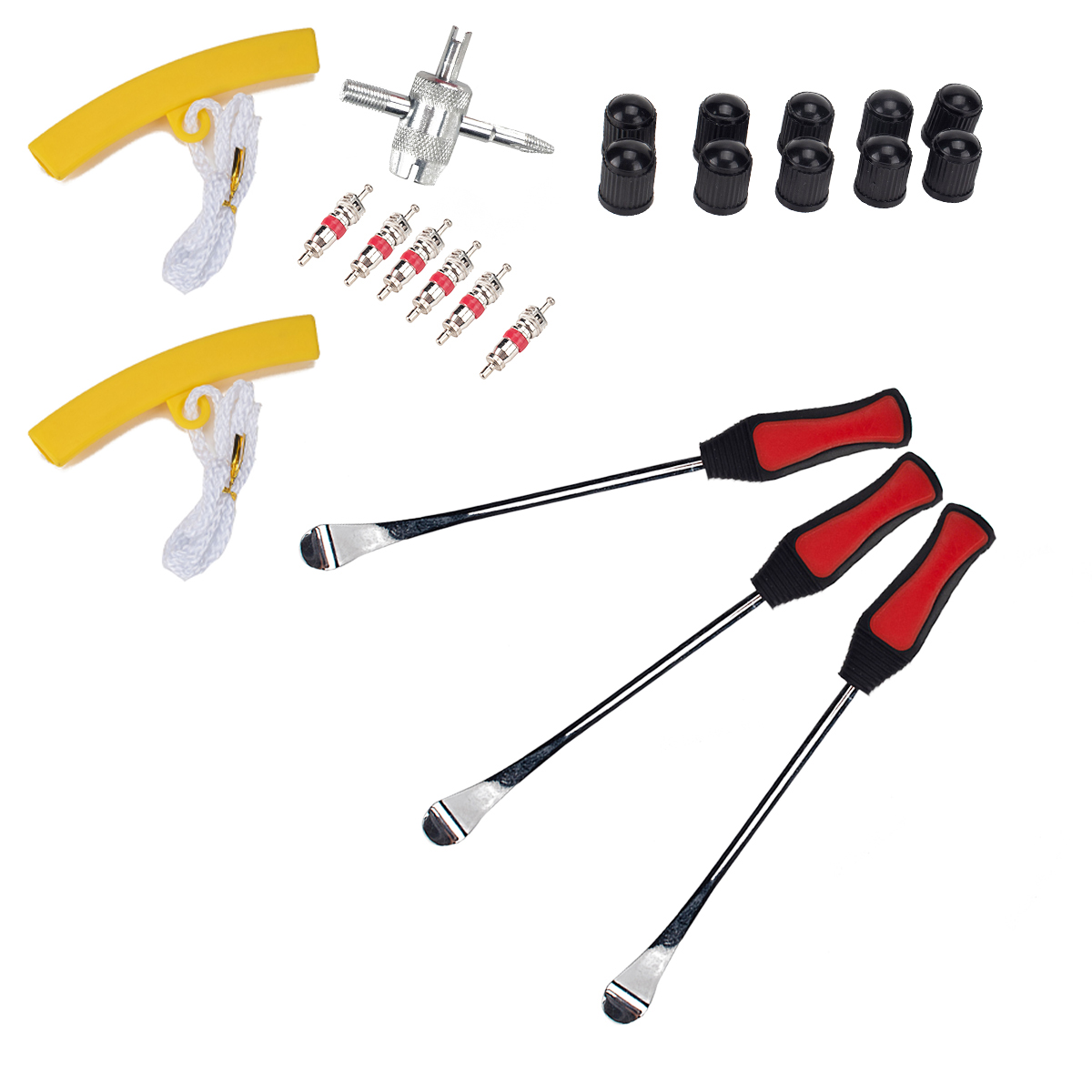 Tire Spoons Lever Motorcycle Dirt Bike Lawn Mower Tire Changing Tools with Bag A2981 (3 crowbars + 2 yellow tire protective sleeves + 10 valve caps + 1 four-in-one repair tool + 6 valve cores)