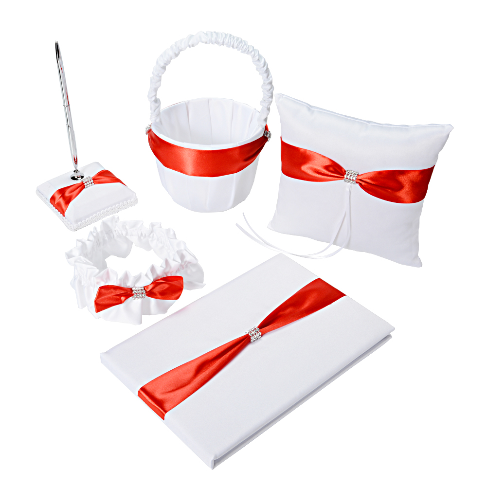 5-Piece Rhinestone Heart Guest Book Set with Pen Wedding Ring Pillow/Flower Girl Basket and 2 Garters