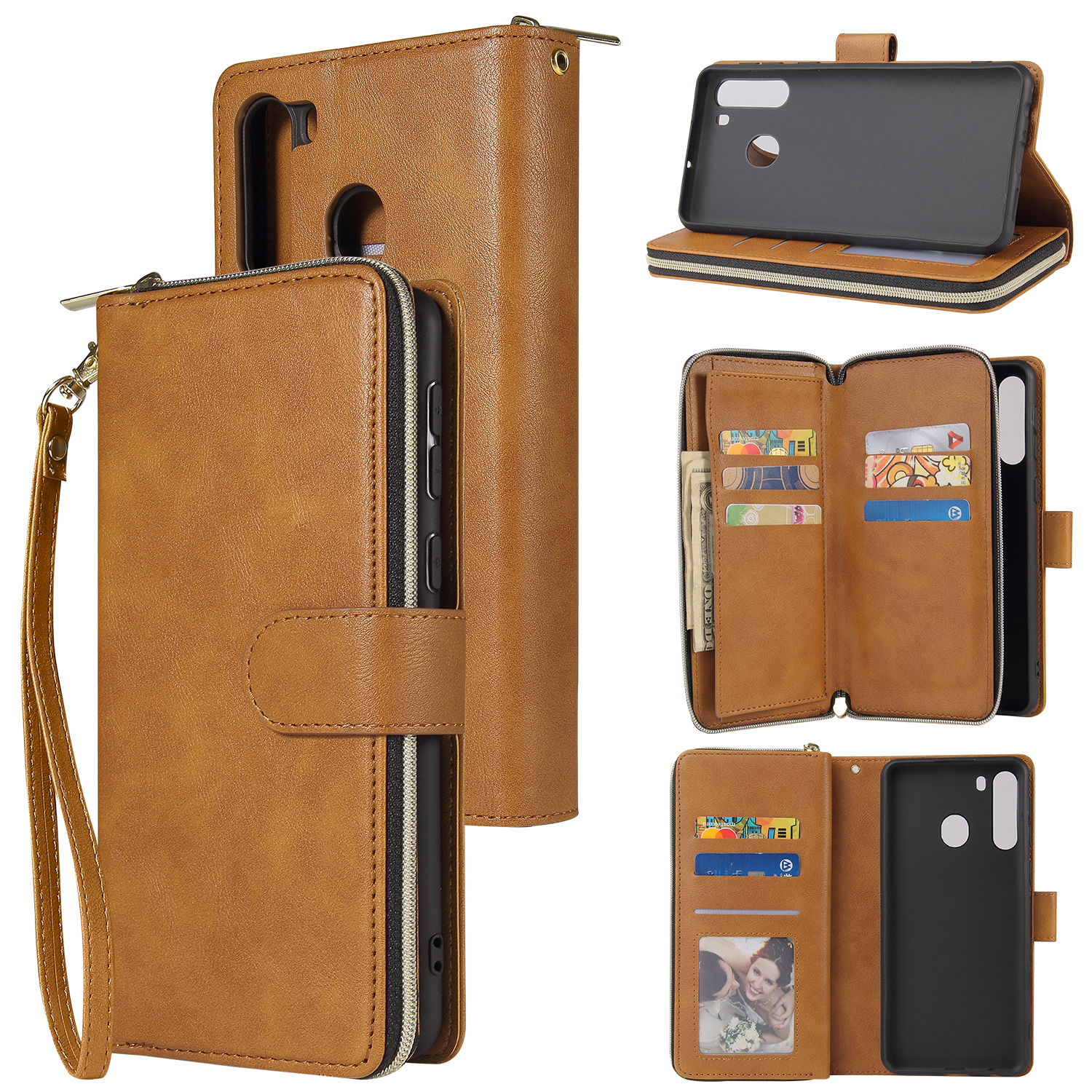 For Samsung A01/A21/A31/A41/A51 Pu Leather Mobile Phone Cover Zipper Card Bag + Wrist Strap brown