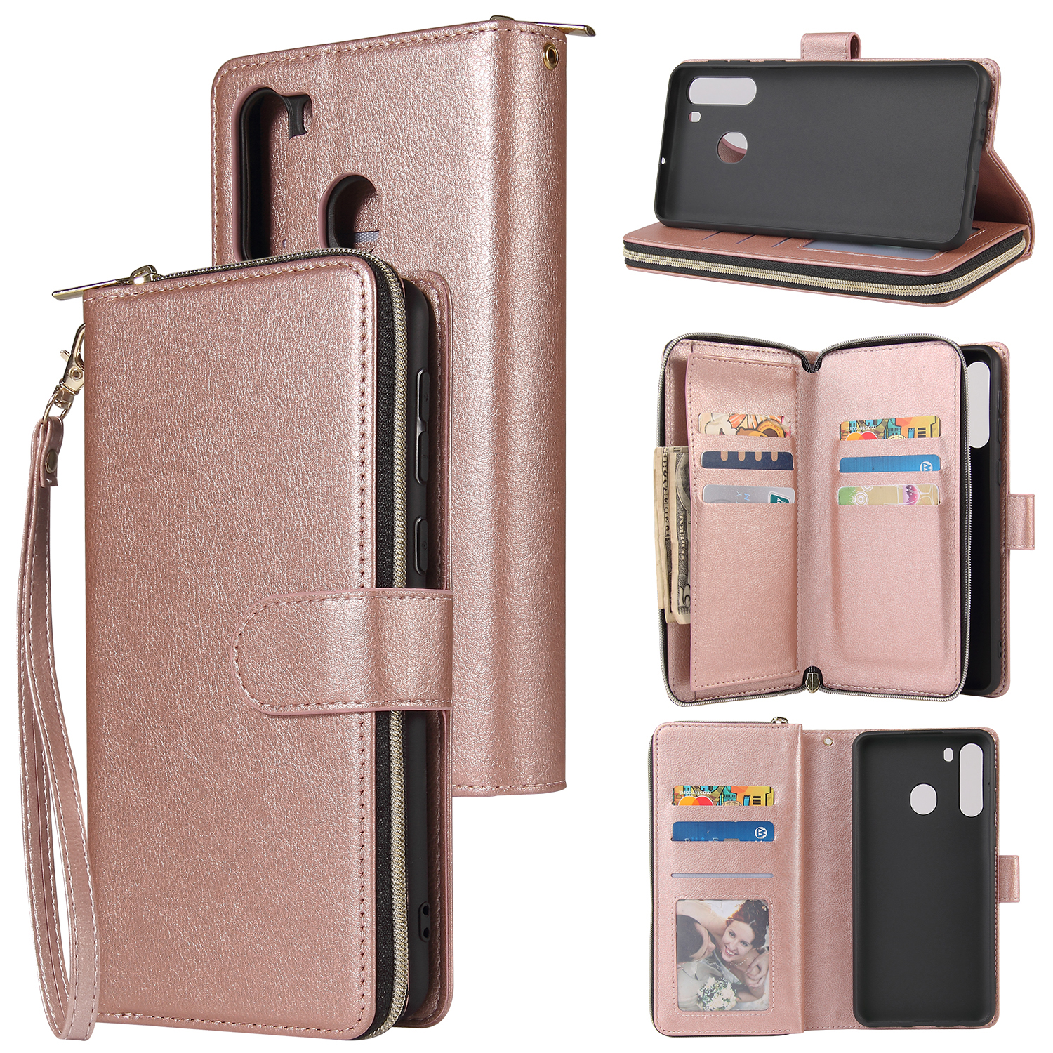 For Samsung A01/A21/A31/A41/A51 Pu Leather Mobile Phone Cover Zipper Card Bag + Wrist Strap Rose gold