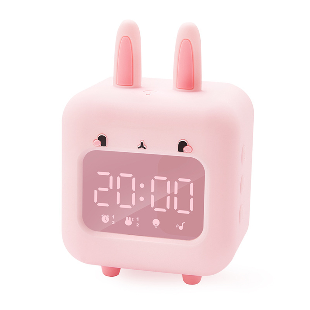 Cartoon Rabbit-shaped Silicone Intelligent Alarm  Clock Rechargeable Voice Timekeeping Custom Music Clock With Night Light For Children Pink