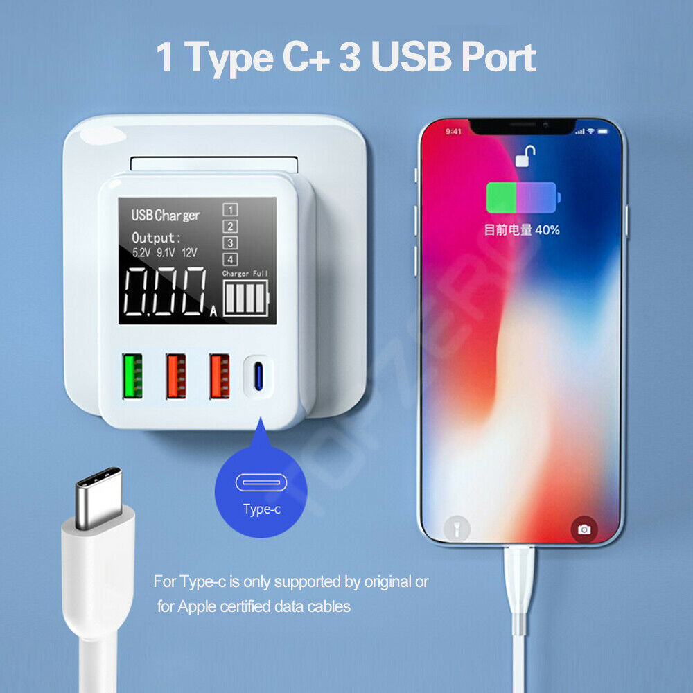 4-port USB Charger Type C Quick Charge Led Display QC3.0 Portable Charger for Moblie Phone Tablet EU Plug
