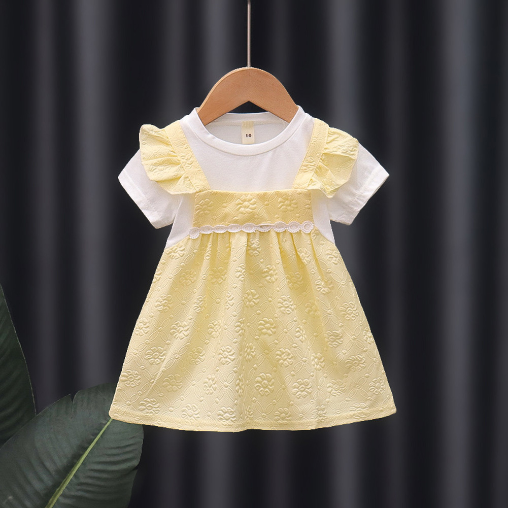 Baby Girls Summer Dress Short Sleeve Round Neck Princess Dresses Summer Clothes Outfit For Toddler Girls yellow 12-18M 80