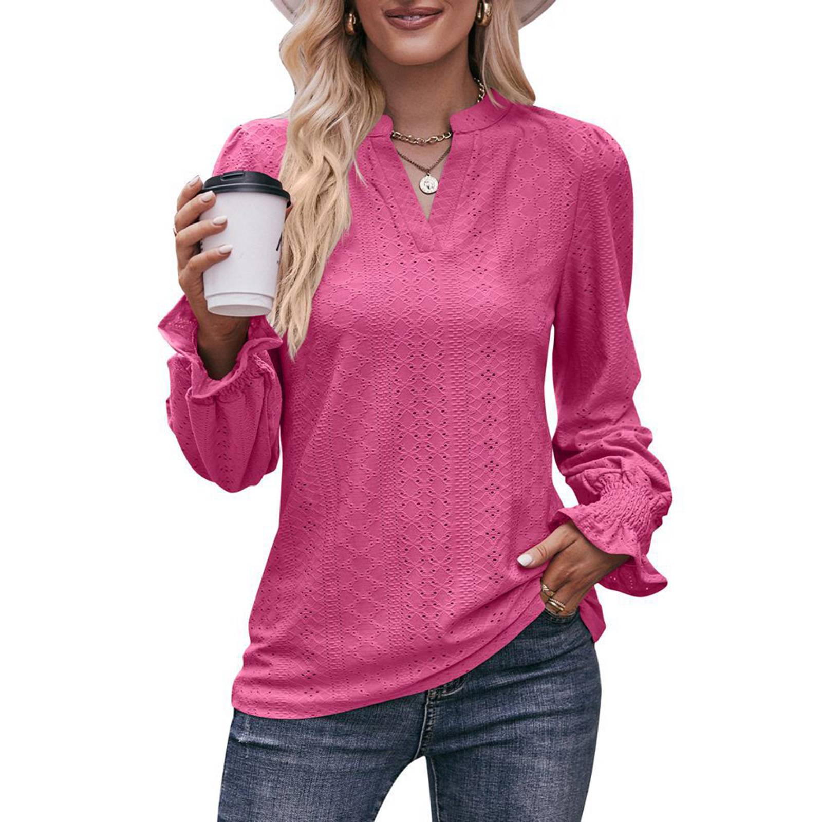 Women Long Sleeves Shirt V Neck Casual Solid Color Loose Blouse Elegant Hollow-out Pullover Tunic Tops