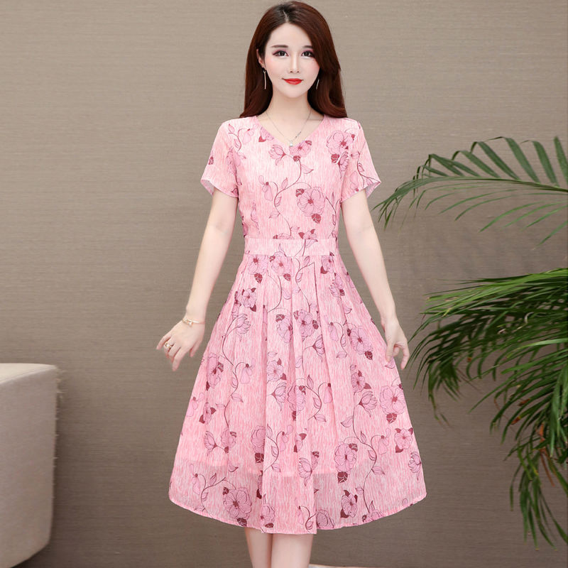 Summer Slim V-neck Floral Dress Elegant Short Sleeves Middle Long Printing Causal Dress red_M