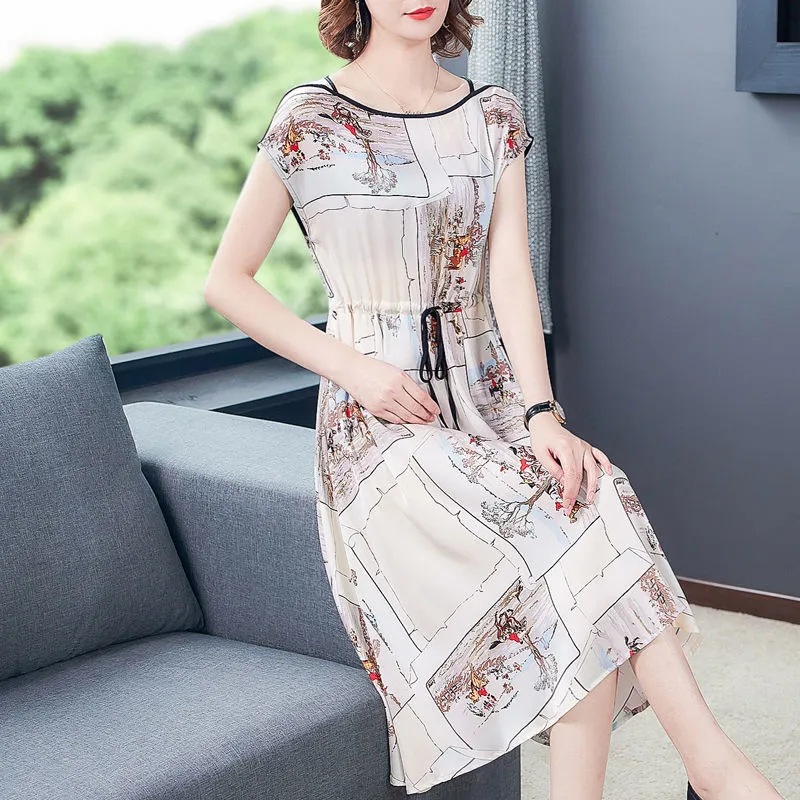 Women Short Sleeves Dress Elegant Printing High Waist A-line Skirt Trendy Round Neck Pullover Lace-up Dress As shown 4XL