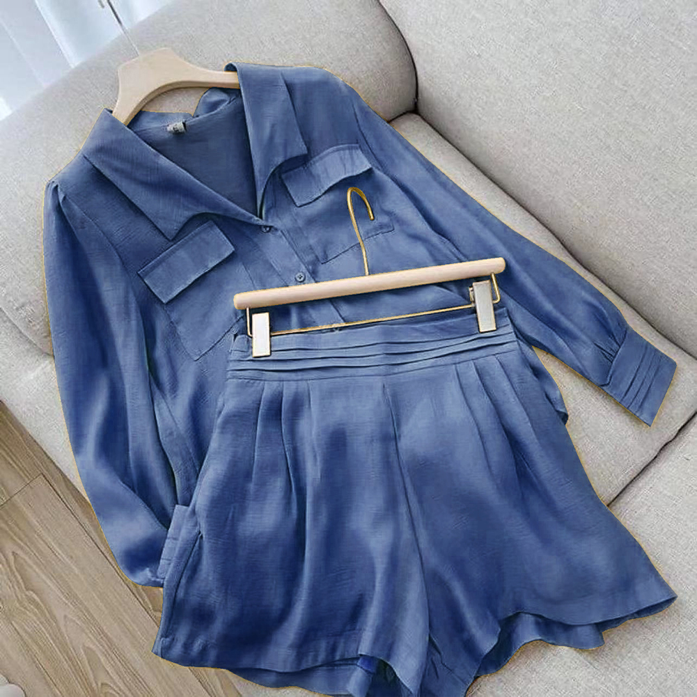2pcs Women Shirt Shorts Suit Long Sleeves Lapel Shirt Solid Color Shorts Large Size Casual Loose Two-piece Set Navy blue L