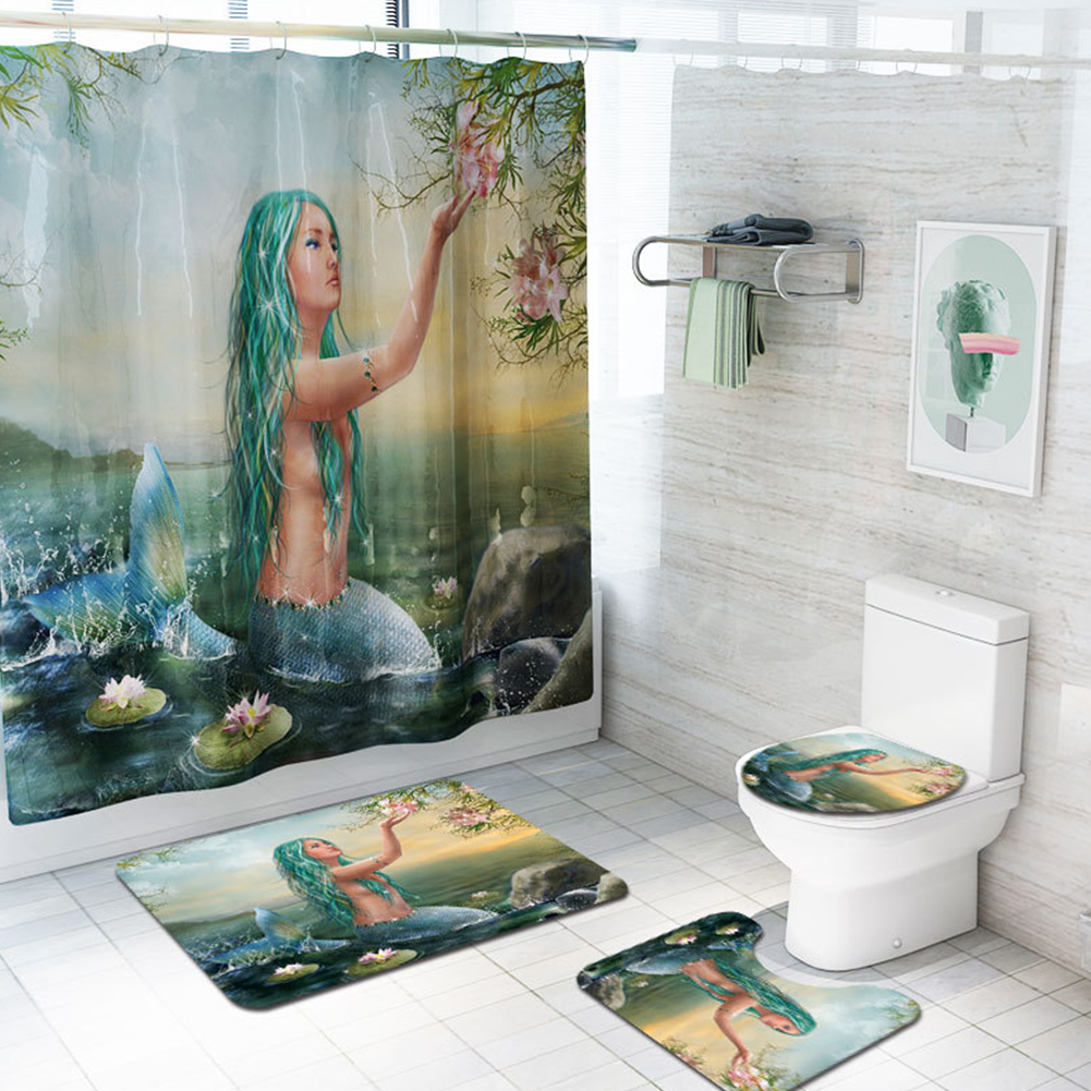 4Pcs/Set Mermaid Print Shower Curtain with Non-Slip Rugs Toilet Lid Cover Bath Mat 2#_As shown