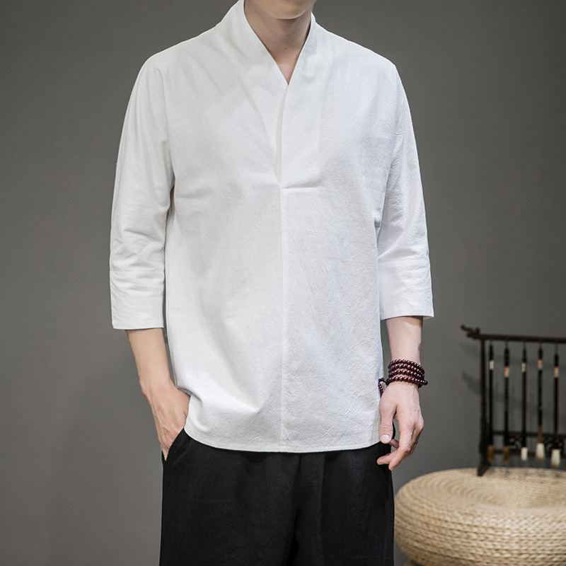 Men V-neck Cotton Linen T-shirt Summer Chinese Style Slim Fit Large Size Tops Simple Solid Color Casual Shirt White XL