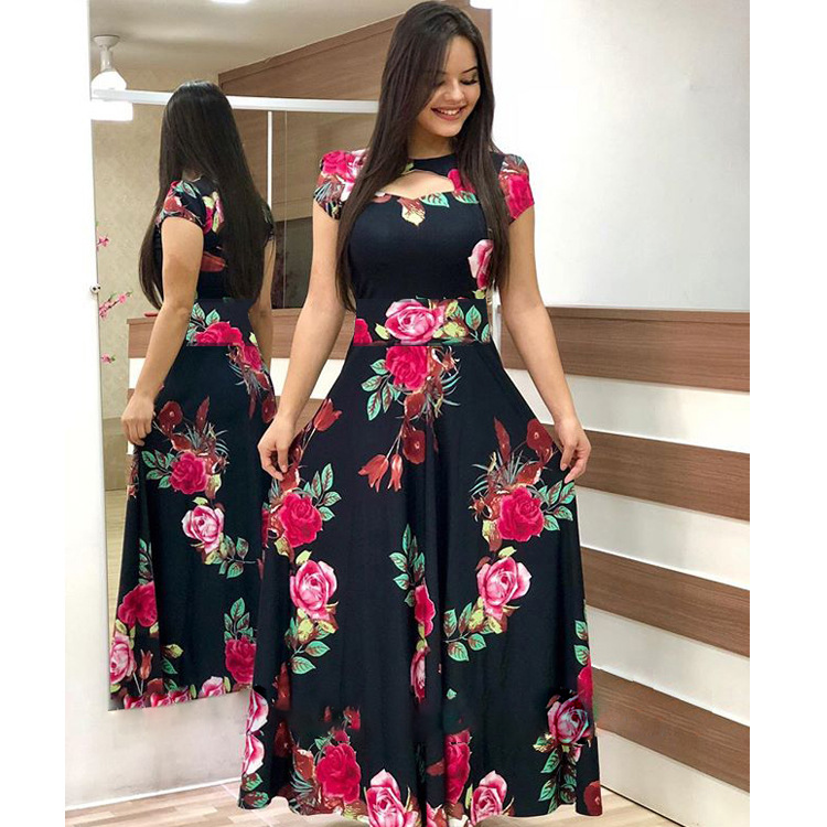 Women Short Sleeves Dress Fashion Floral Digital Printing Large Swing Long Skirt Summer Round Neck Large Size Dress E short sleeve M