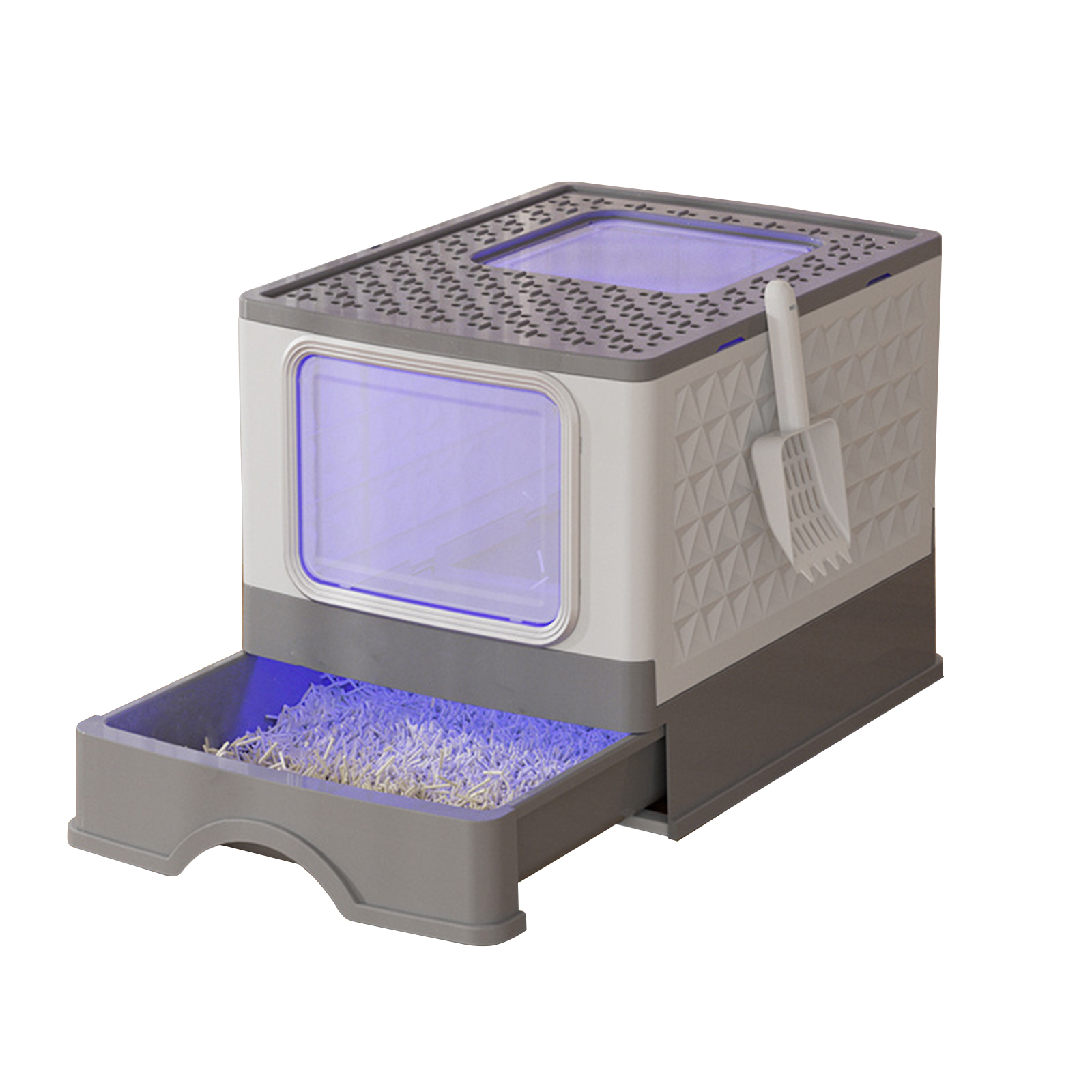 Foldable Cat Litter Box With Lid, Drawer Type Enclosed Cat Toilet, UV Lamp Irradiation, Front Entry, Top Exit, Anti-Splashing Cat Potty, Including Scoop, Cat Supplies gray