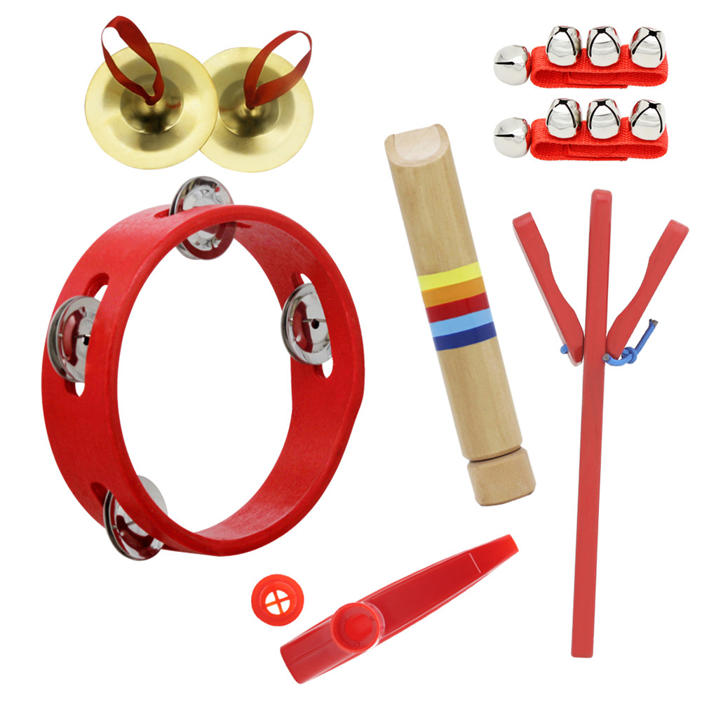 6pcs/set Orff Wooden Tambourine Educational Musical Instrument Set with Tambourine+Castanet+Flute+Cymbal+Kazoo+Wrist Bell 6pcs/set