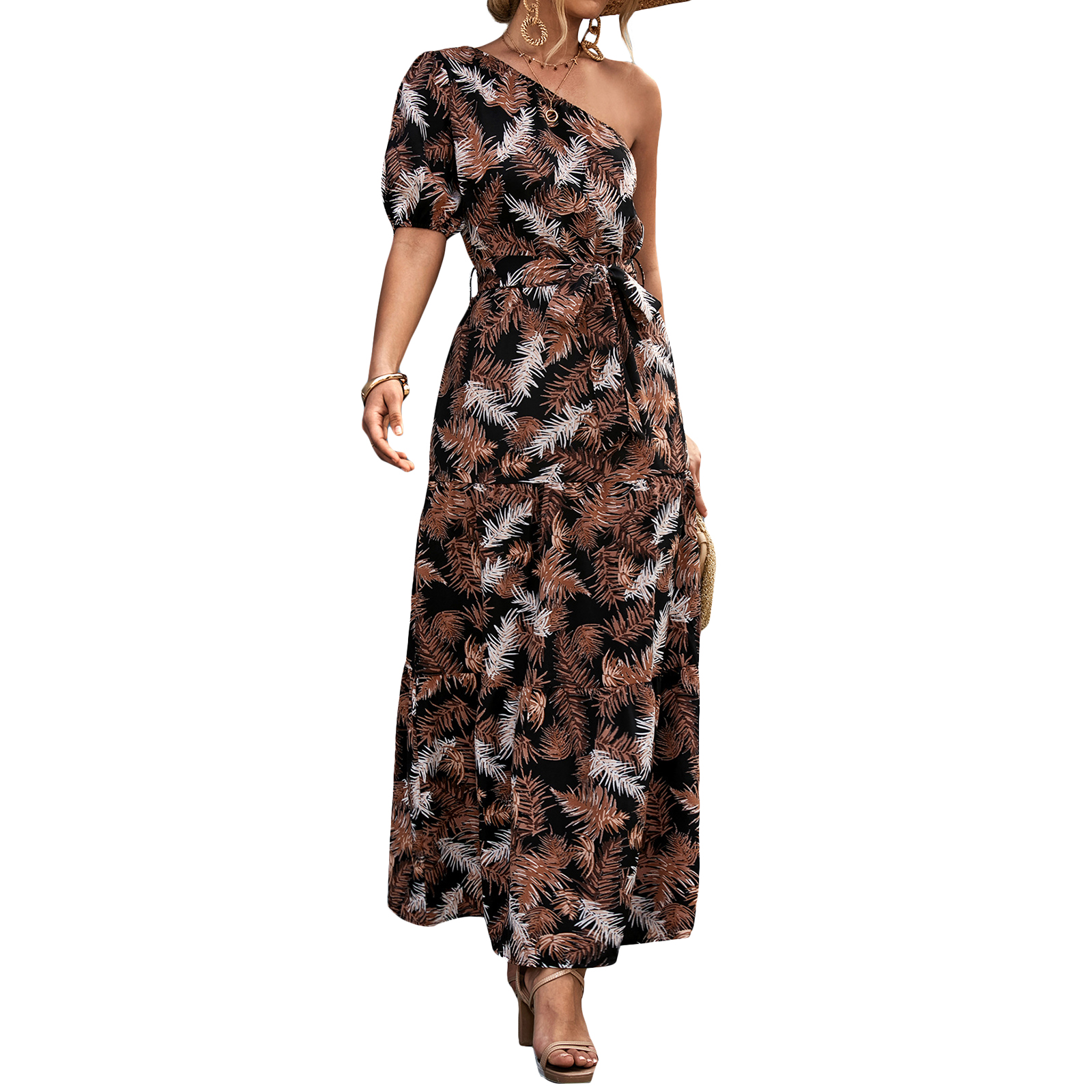Women One Shoulder Dress Summer Short Sleeves Floral Printing Long Skirt Simple Elegant Lace-up Dress black L