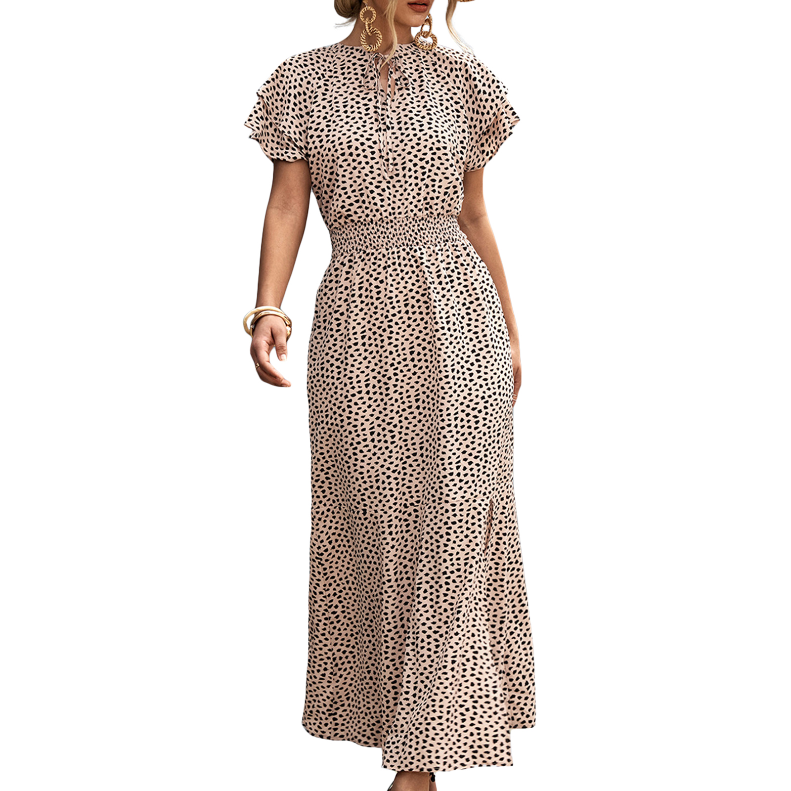 Summer Short Sleeve Dress For Women Elegant Lace-up Split Long Skirt Casual Printing Beach Dress For Party apricot S