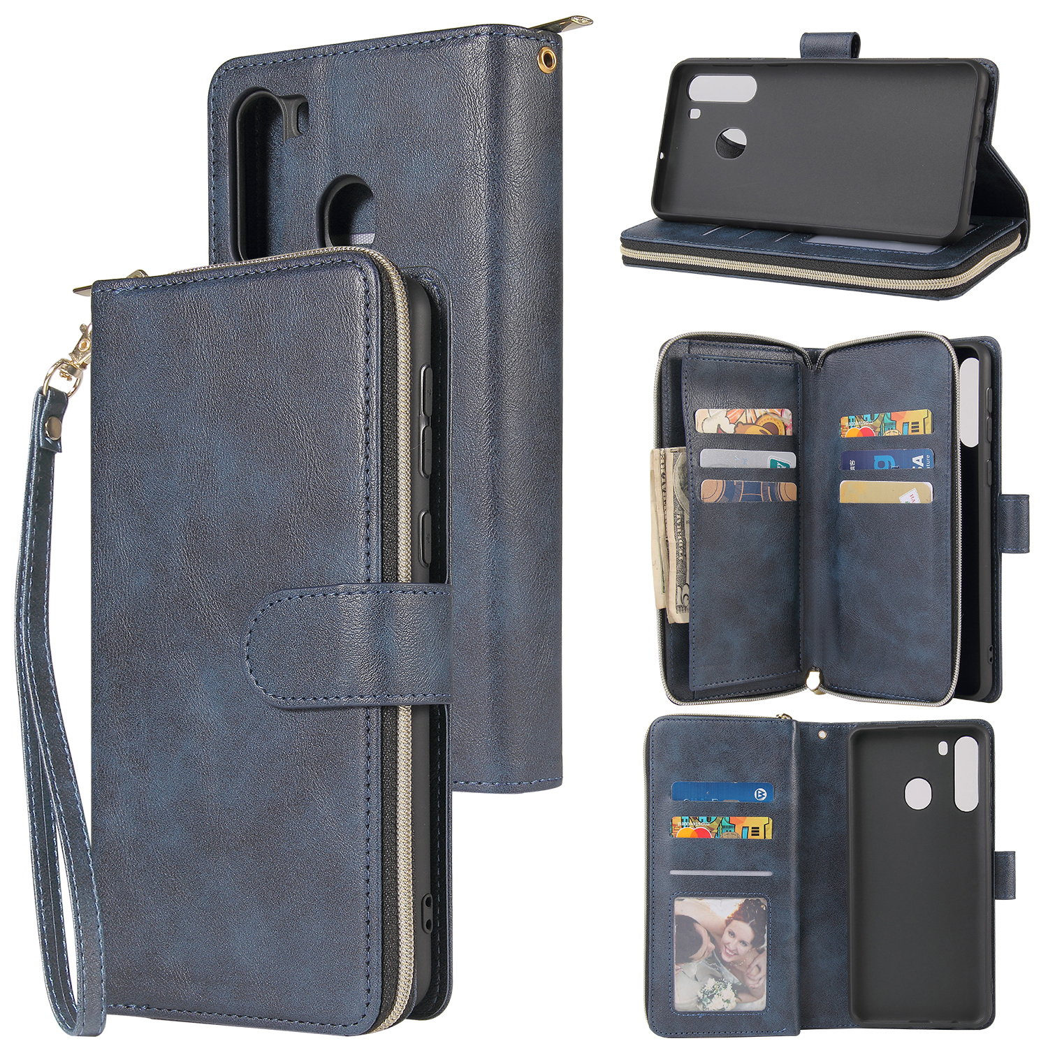 For Samsung A01/A21/A31/A41/A51 Pu Leather Mobile Phone Cover Zipper Card Bag + Wrist Strap blue