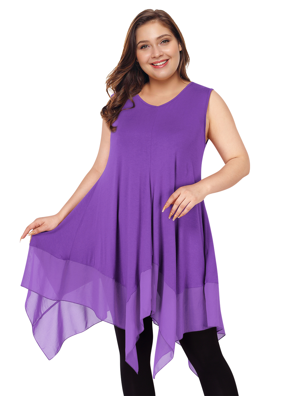 US CLEARLOVE Women's Plus Size Solid V Neck Sleeveless Irregular Hem Loose Shirt Dress