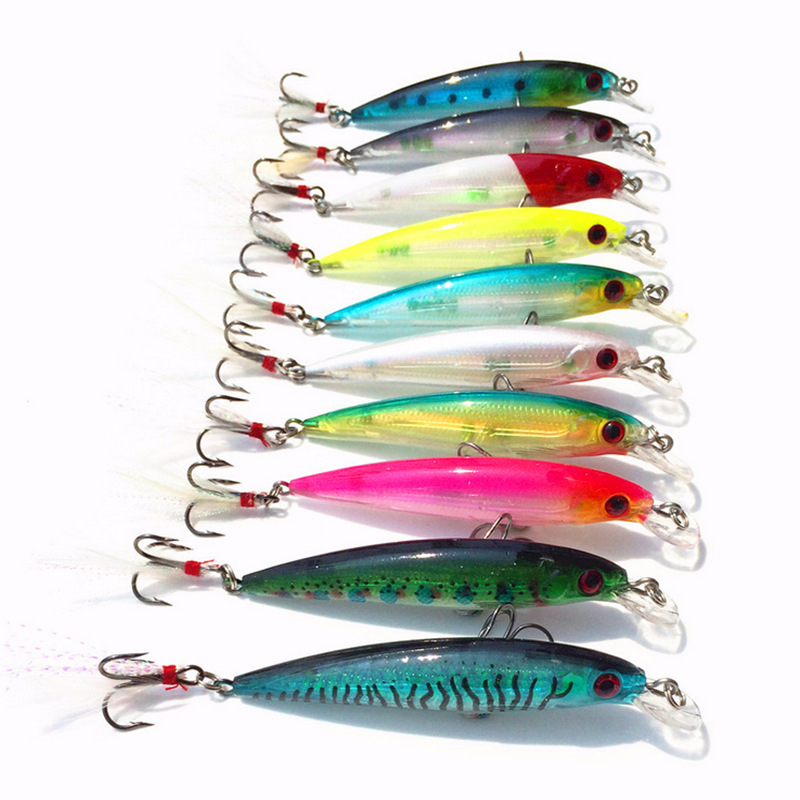 [Indonesia Direct] 10Pcs Minnow Fishing Lures Set 9cm 8g Artificial Hard Bait with Feather Dual Fishhook Swimbait