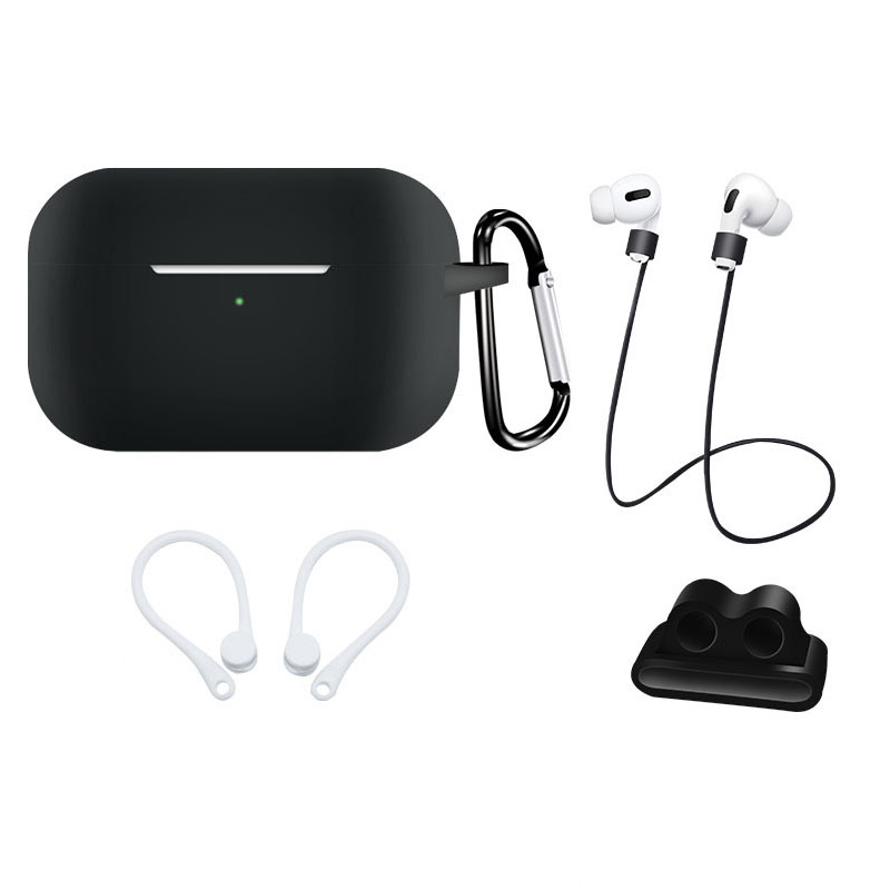 Earphone Protective Case for AirPods Pro Soft Silicone Shell+Carabiner+Anti-lost Strap+Ear Hook+Watch Buckle Black
