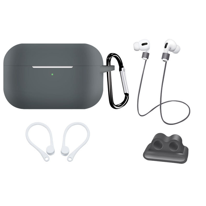 Earphone Protective Case for AirPods Pro Soft Silicone Shell+Carabiner+Anti-lost Strap+Ear Hook+Watch Buckle Gray