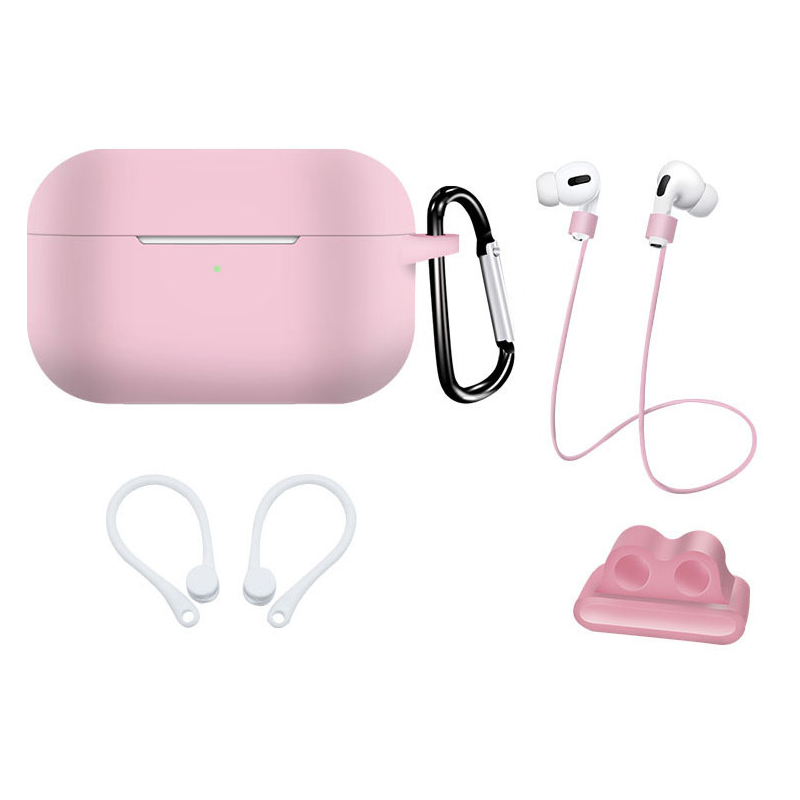 Earphone Protective Case for AirPods Pro Soft Silicone Shell+Carabiner+Anti-lost Strap+Ear Hook+Watch Buckle Pink