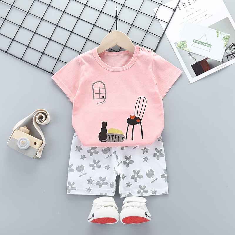 Kids T-shirt Set Fashion Cartoon Printing Short Sleeves Shirt Shorts Summer Cotton Clothing Suit For Kids Aged 0-5 kitten 18-24M 80-90cm