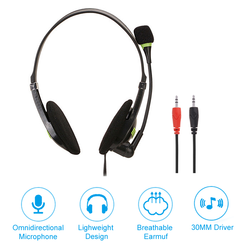 Lightweight 3.5mm Plug Wired Headphones With HD Microphone Office Home Working Gamer Headset black