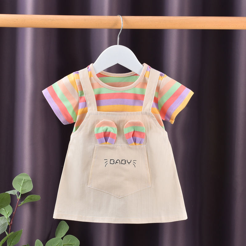 Girls Short Sleeves Dress Summer Cotton Thin Fashion Stripes Casual A-line Skirt For 0-5 Years Old Kids Yellow skirt  A 3Y 100