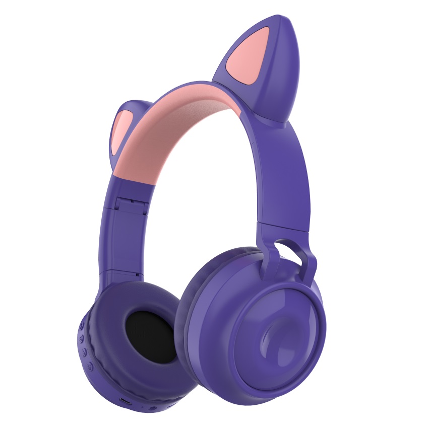 Bluetooth 5.0?Ear Headphones Foldable Stereo Wireless Set Mic LED Light Volume Control Support For Kids purple