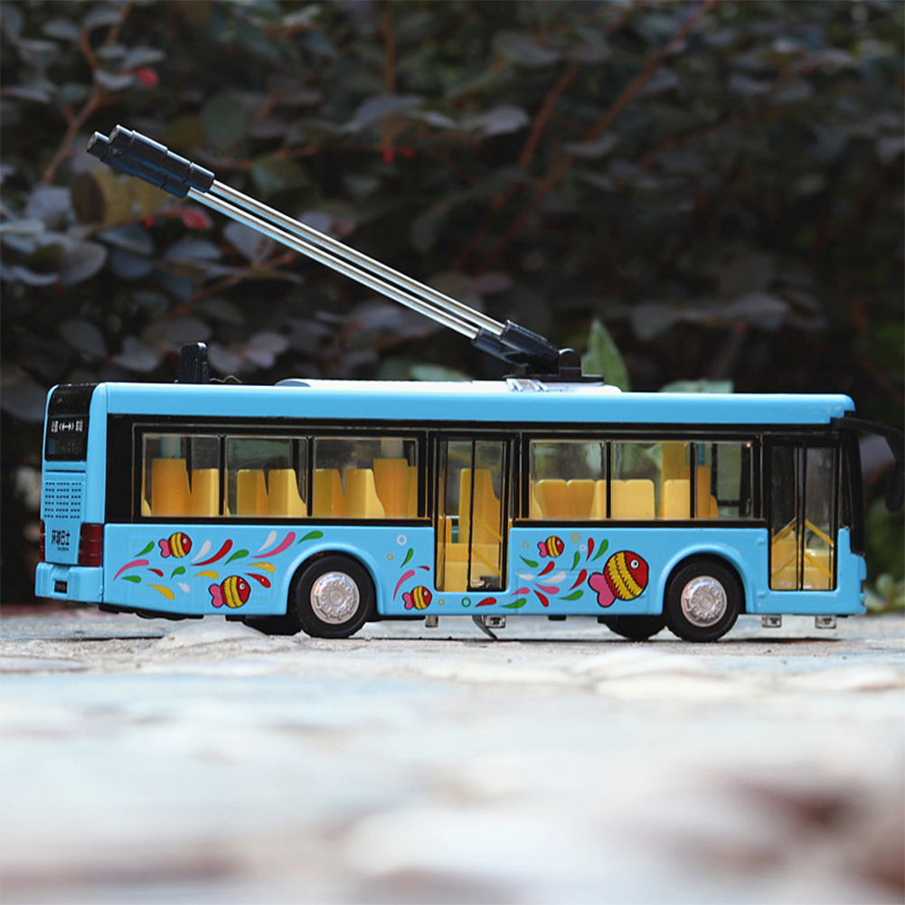 1:36 Scale Car Modeling Metal Alloy Trolleybus Voice Announcement Light Sound Toy for Kids Collect(Box Packing) blue