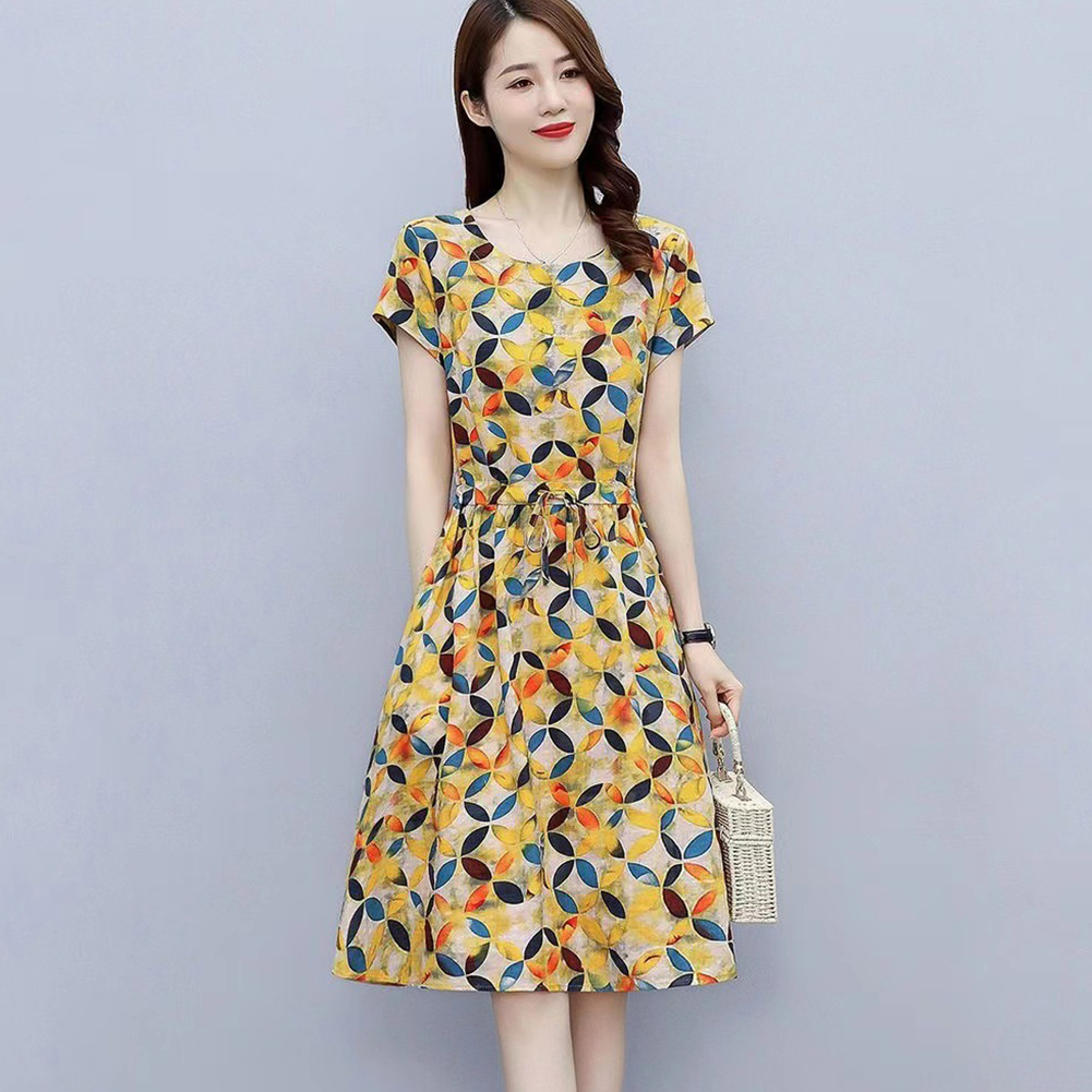 Women Short Sleeves Dress Fashion Sweet Floral Printing Large Swing Dress Casual Round Neck Pullover A-line Skirt yellow 2XL
