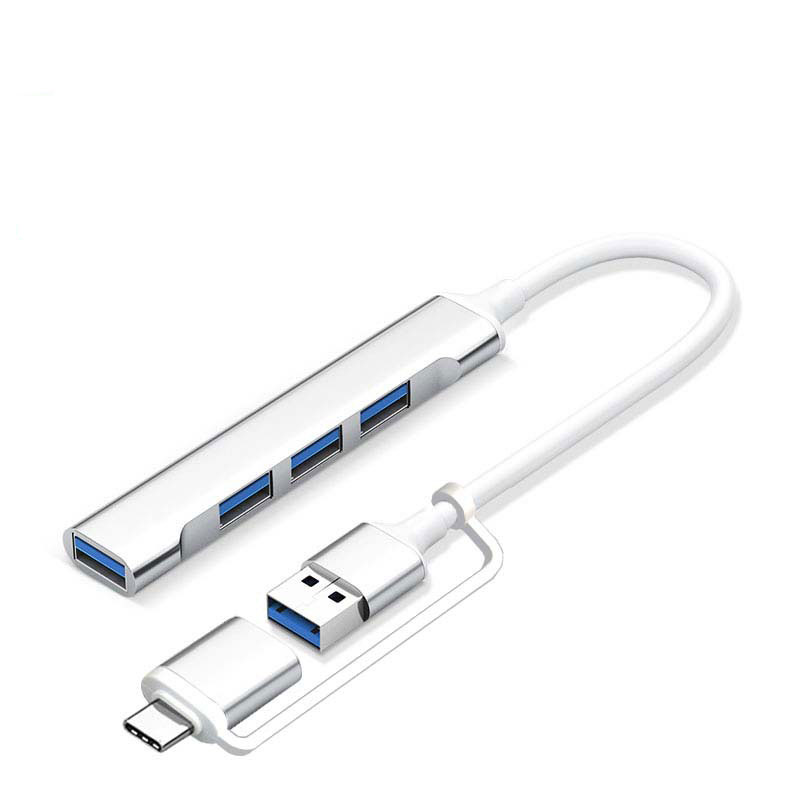 USB C Hub 4 Multi-Port USB Type-C Hub With USB2.0 USB3.0 OTG Function USB Splitter Adapter Compatible For Win7/8/10 2 in 1 Silver