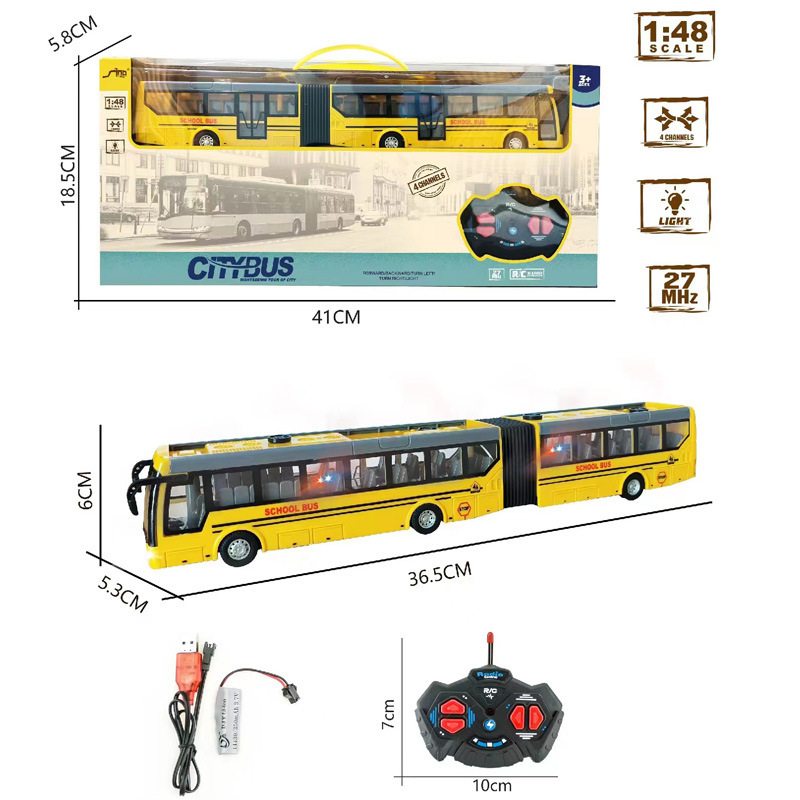 27MHz RC Bus Toy With Lights 4CH Simulation Tourist Sightseeing Bus USB Rechargeable School Bus Model Toys