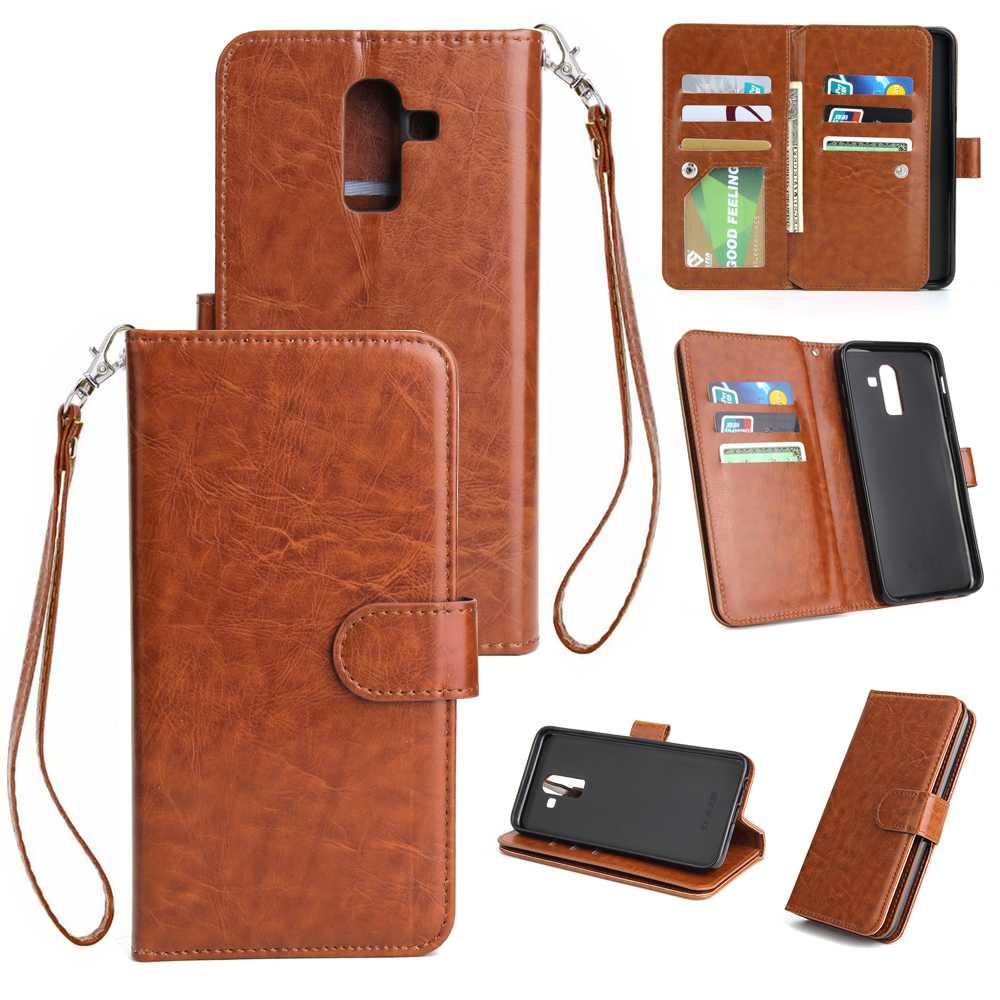 For Samsung J8 2018 PU Non-slip Shockproof Cell Phone Case with 9 Card Slots Lanyard Bracket brown