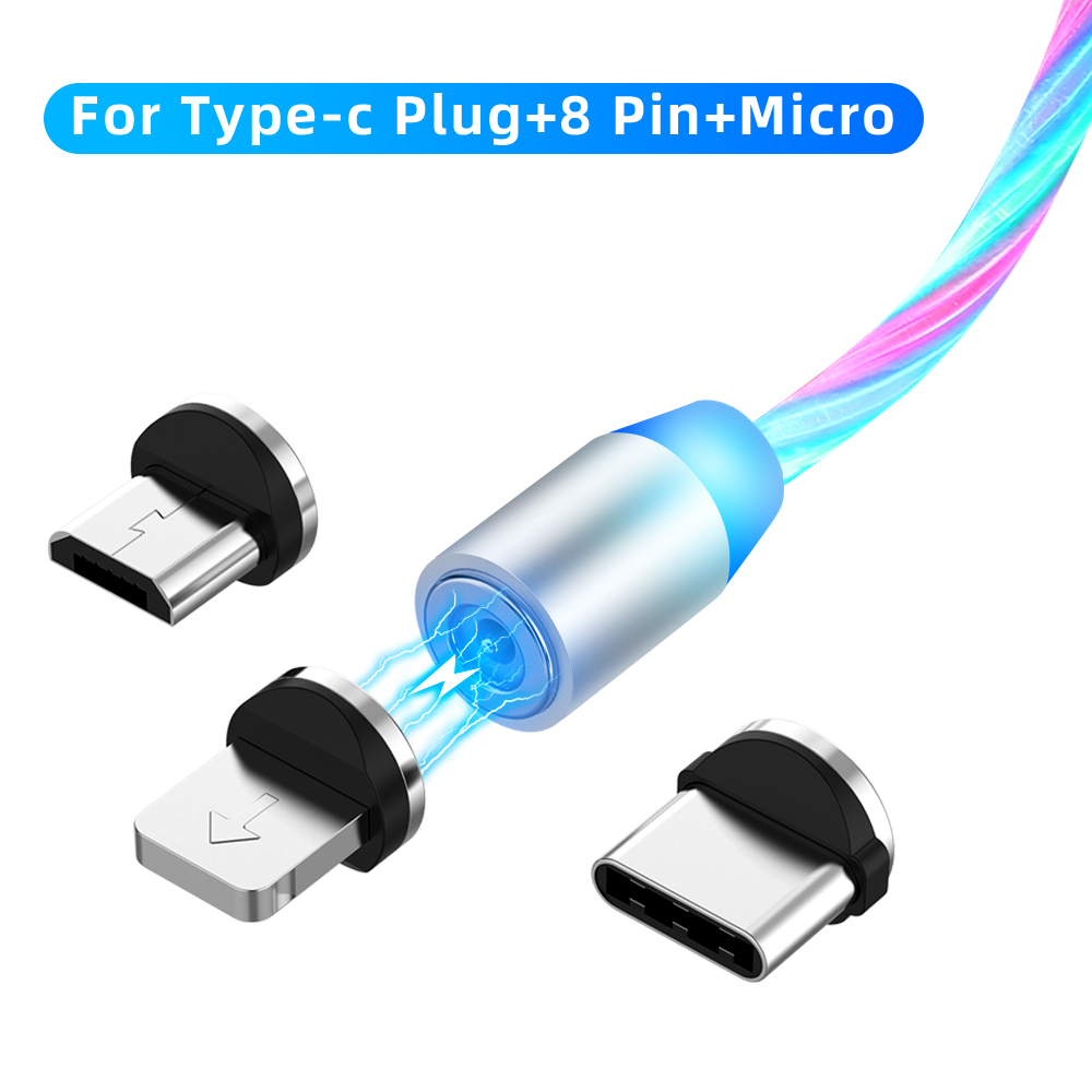 Three Colors Lighting Streamer Magnetic Suction Data Cable 360 Degree Magnetic Suction Data Line Android + typeC + Apple connector 3 in 1