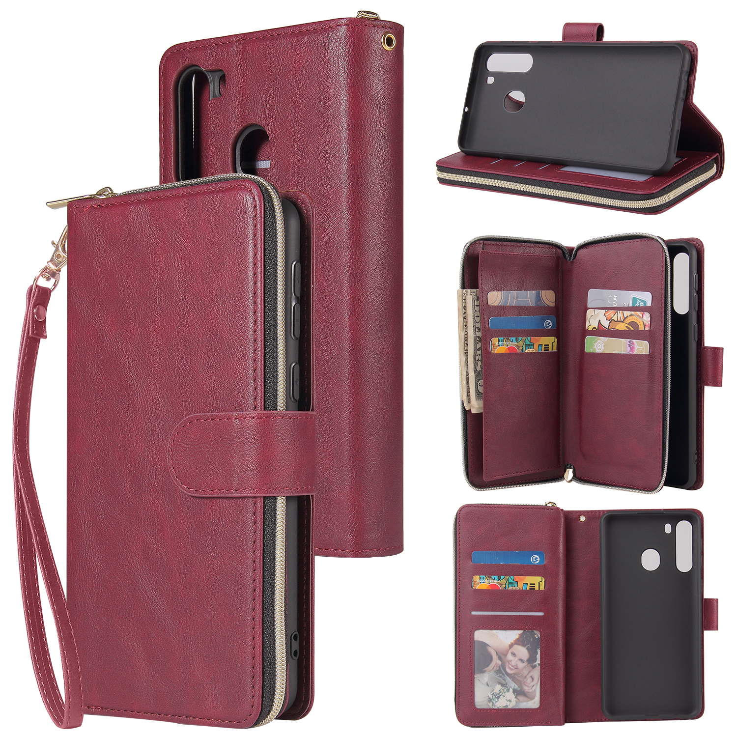 For Samsung A01/A21/A31/A41/A51 Pu Leather  Mobile Phone Cover Zipper Card Bag + Wrist Strap Red wine