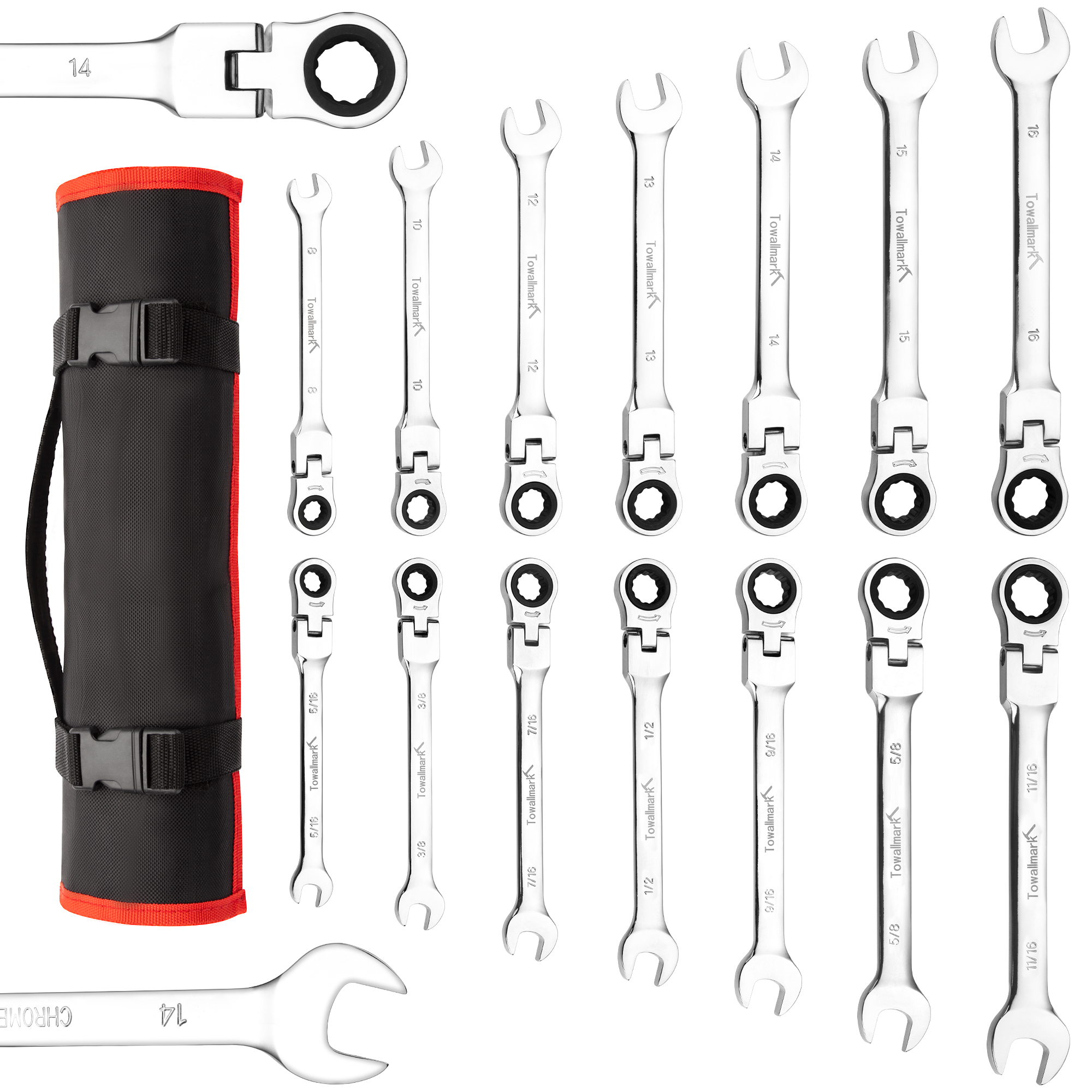 US TOWALLMARK 14-Piece Flex-Head Ratcheting Wrench Set