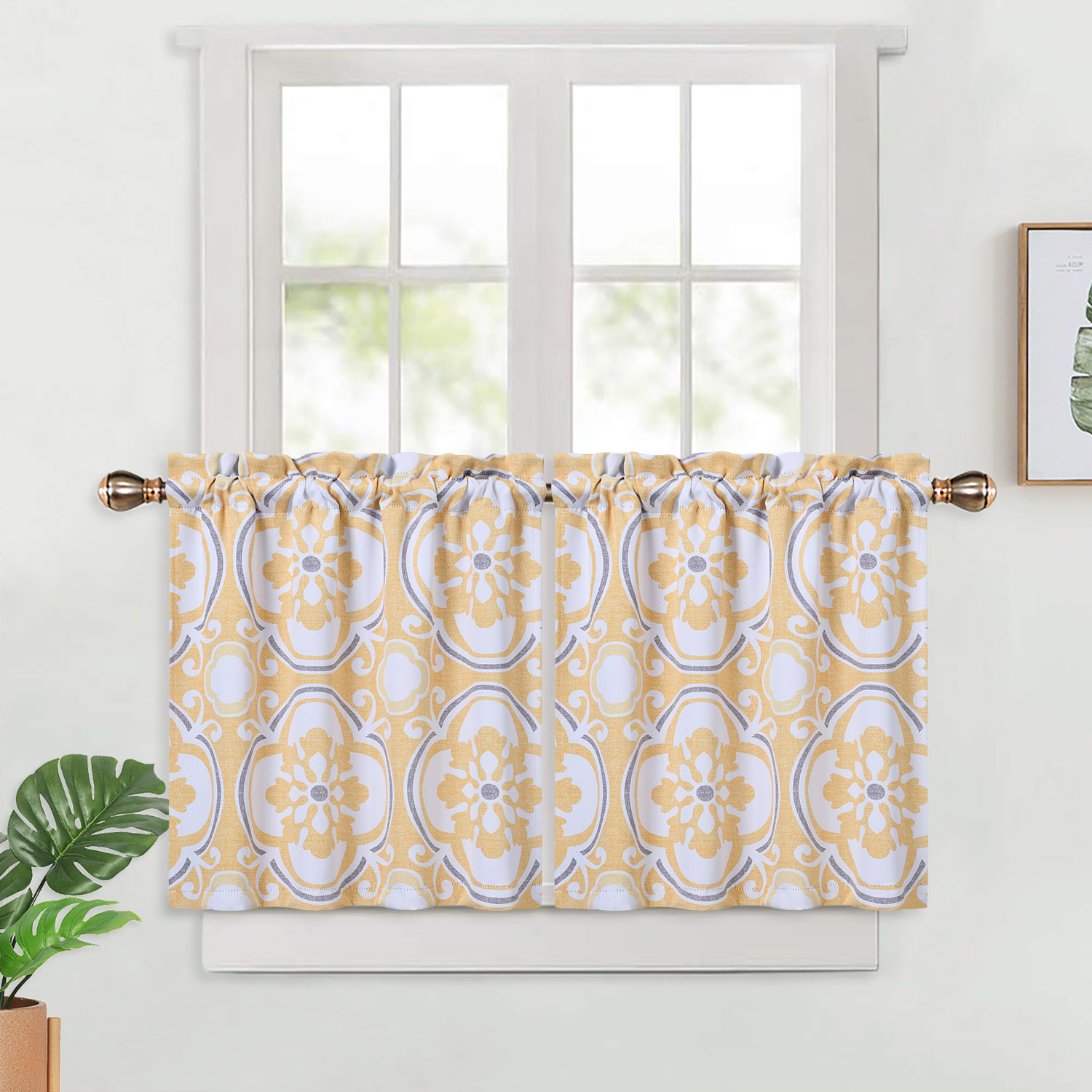 [US Direct] 2PCS Blackout Fabric Tier Curtains for Kitchen Windows Classic Butterfly Antennae Medallion Printed Rod Pocket Small Curtain Panels for Bathroom, Cafe, Living Room, etc