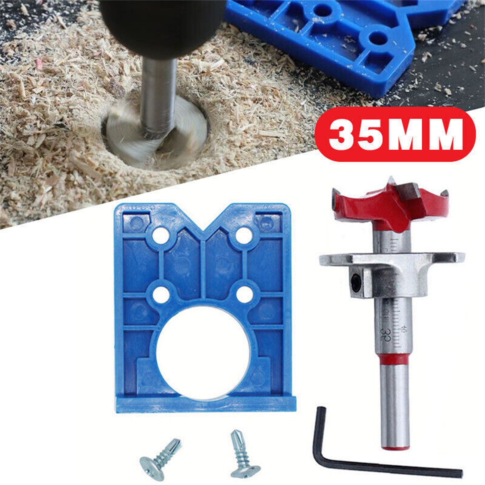 35mm Concealed Hinge Boring Jig Drilling Guide Set DIY Woodworking Door Hole Opener Hinge Hole Guide Cabinet Door Hinge Installation Tool Door Saw Cabinet Accessories Tool silver spacer +blue positioner