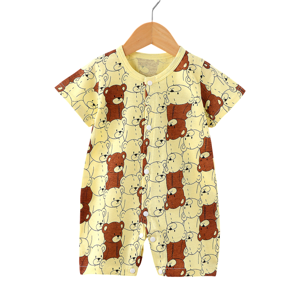 Kids Jumpsuit Newborn Short Sleeves Thin Romper Cartoon Printing Cotton Nightwear For 0-2 Years Old Boys Girls yellow bear 18-24 months XL