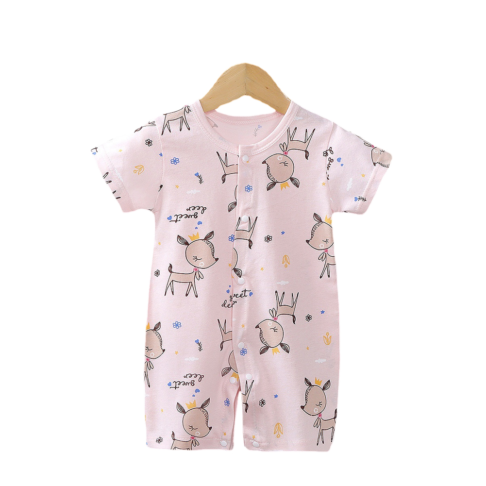 Kids Jumpsuit Newborn Short Sleeves Thin Romper Cartoon Printing Cotton Nightwear For 0-2 Years Old Boys Girls pink deer 18-24 months XL