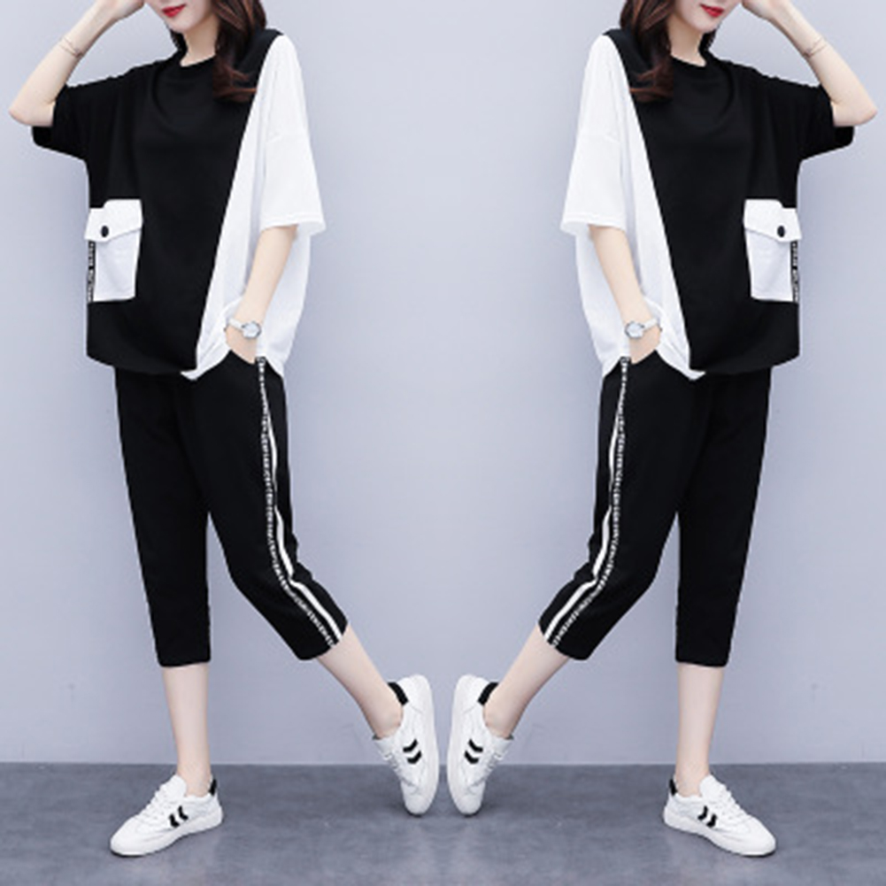 2pcs Women Summer Suit Round Neck Short Sleeves Large Size Loose Shirt Cropped Pants With Pocket Two-piece Set black L