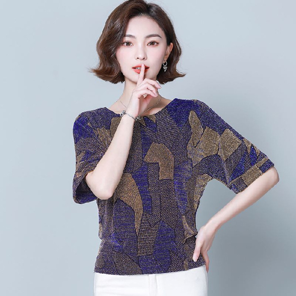 Women Short Sleeves T-shirt Summer Retro Geometric Pattern Loose Blouse Contrast Color Round Neck Pullover Tops Purple 2XL