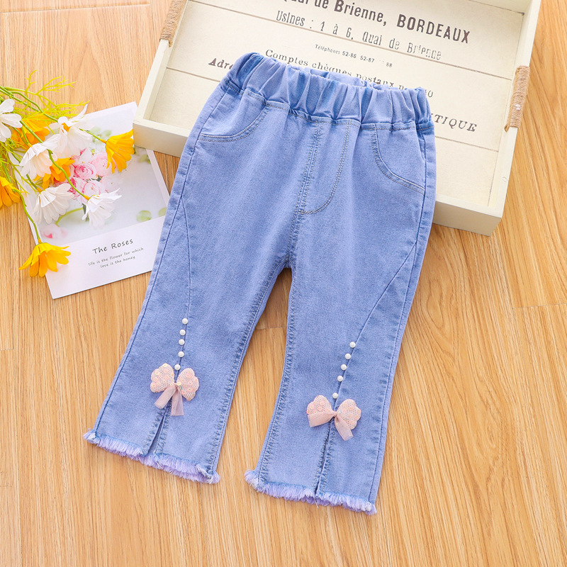 Toddlers Girls Jeans Children Denim Cropped Pants Elastic Belt Summer Outerwear Loose Cropped Pants Clothing sequins 2-3Y 90cm