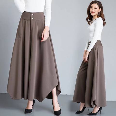 Women Irregular Cropped Pants Trendy Elegant High Waist Large Size Casual Loose Solid Color Wide-leg Pants coffee L