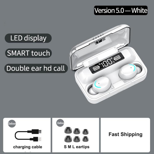 F9-5 TWS Bluetooth Earphones 5.0 Wireless Headphone 8D Bass Stereo In-ear Earbuds Handsfree Headset Built-in Microphone with 2000mAh Charging Case white